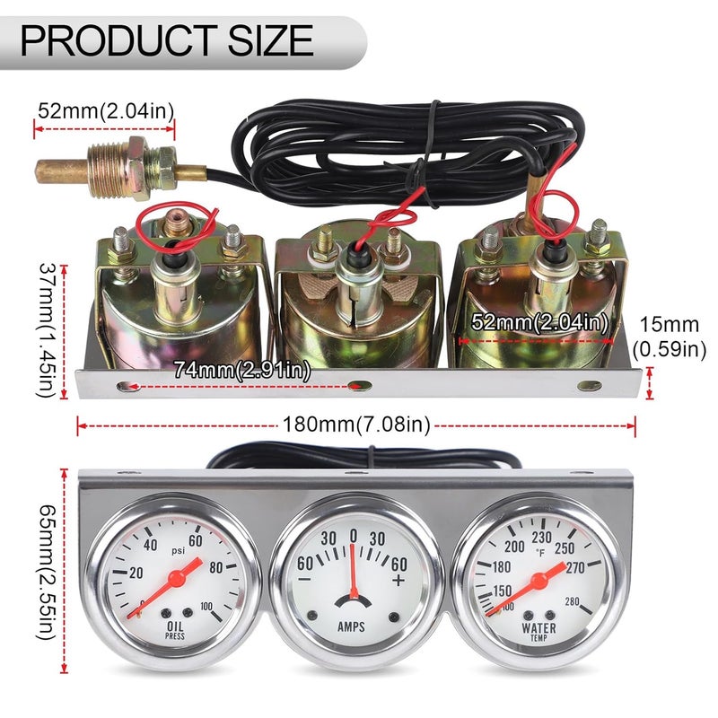 ANDO RACING 2" 52 mm 3 in 1 Car Meter Triple Gauge Kit Oil Pressure Gauge AMP Meter Water Temperature Gauge AMP Set White Face 12V Car Meter - Image 3